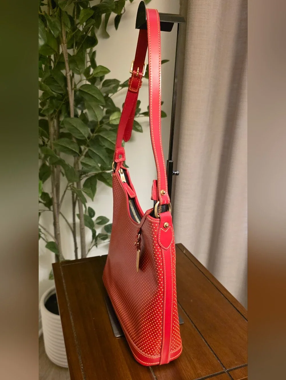 Dooney & Bourke Cabrio Red and Yellow Polka Dot Perforated Leather Hobo Purse
